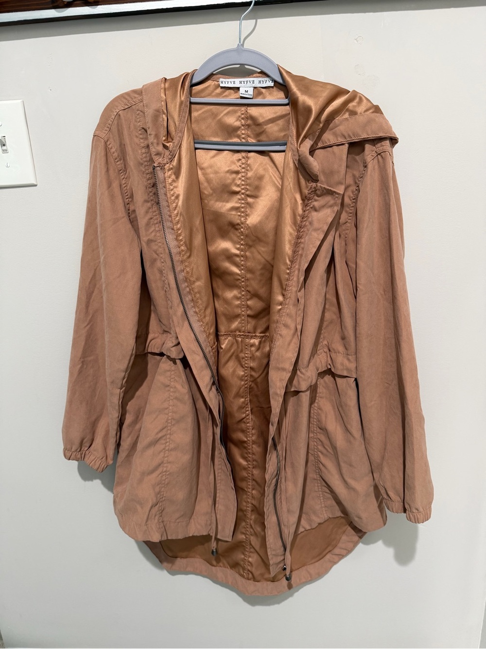 HYFVE mauve utility jacket with cinch waist and hi-low hemline